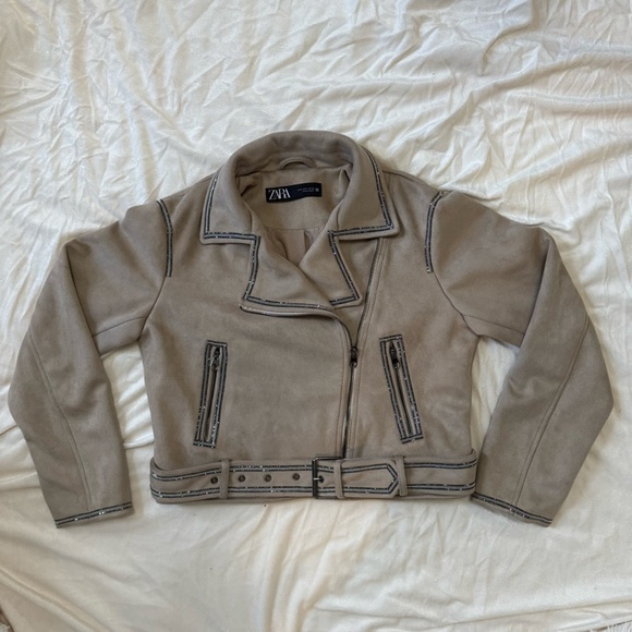 Zara Faux Suede Moto Jacket with Rhinestone Trim & Belt - Picture 5 of 11